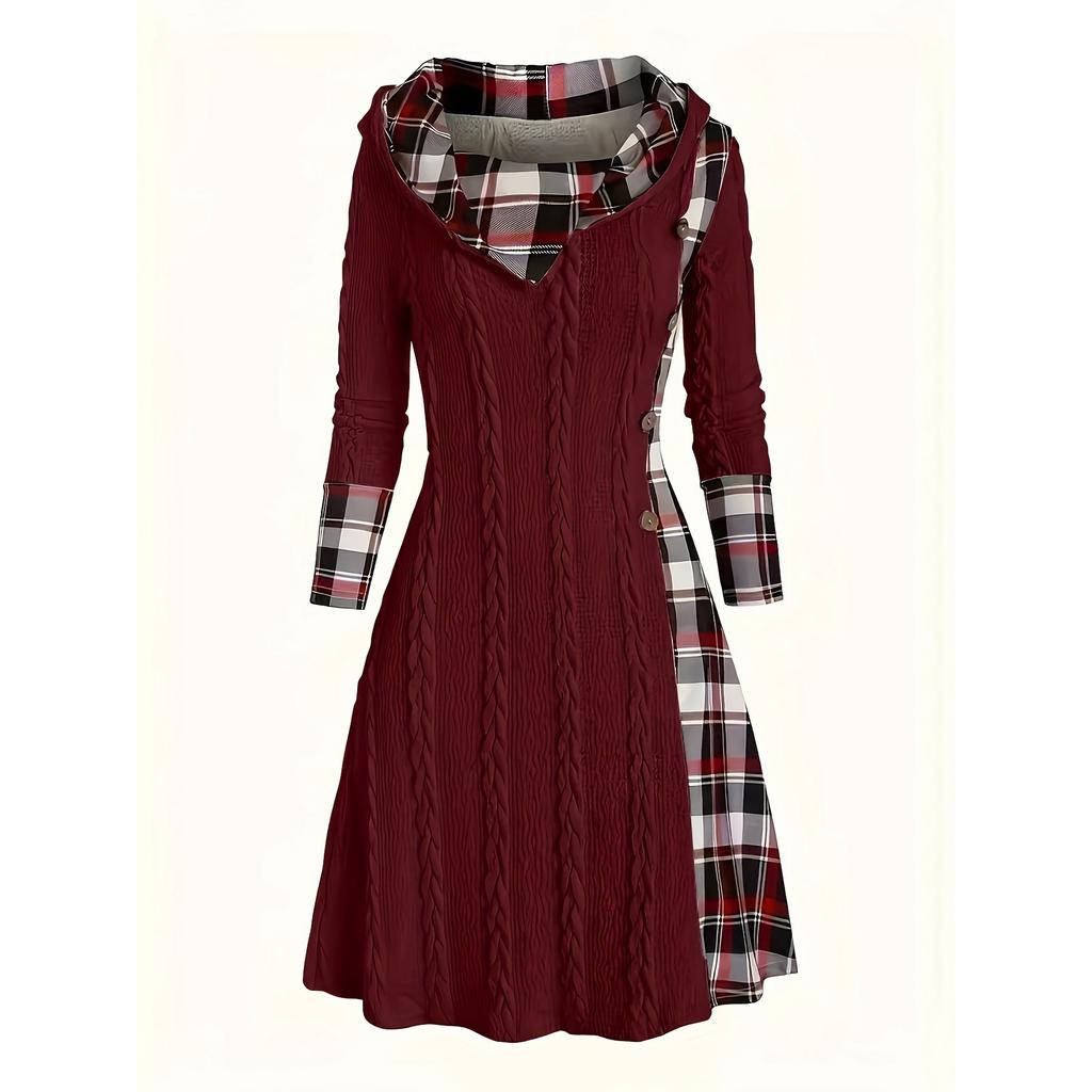 Knitted Hooded Dress Plaid Print Stitching Fake Buckle High Waist Long Sleeve A-line Dress Female
