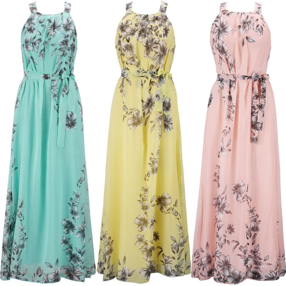 Women's Sleeveless Halter Straight Fit Loose Waist Fresh Floral Print Maxi Chiffon Dress
