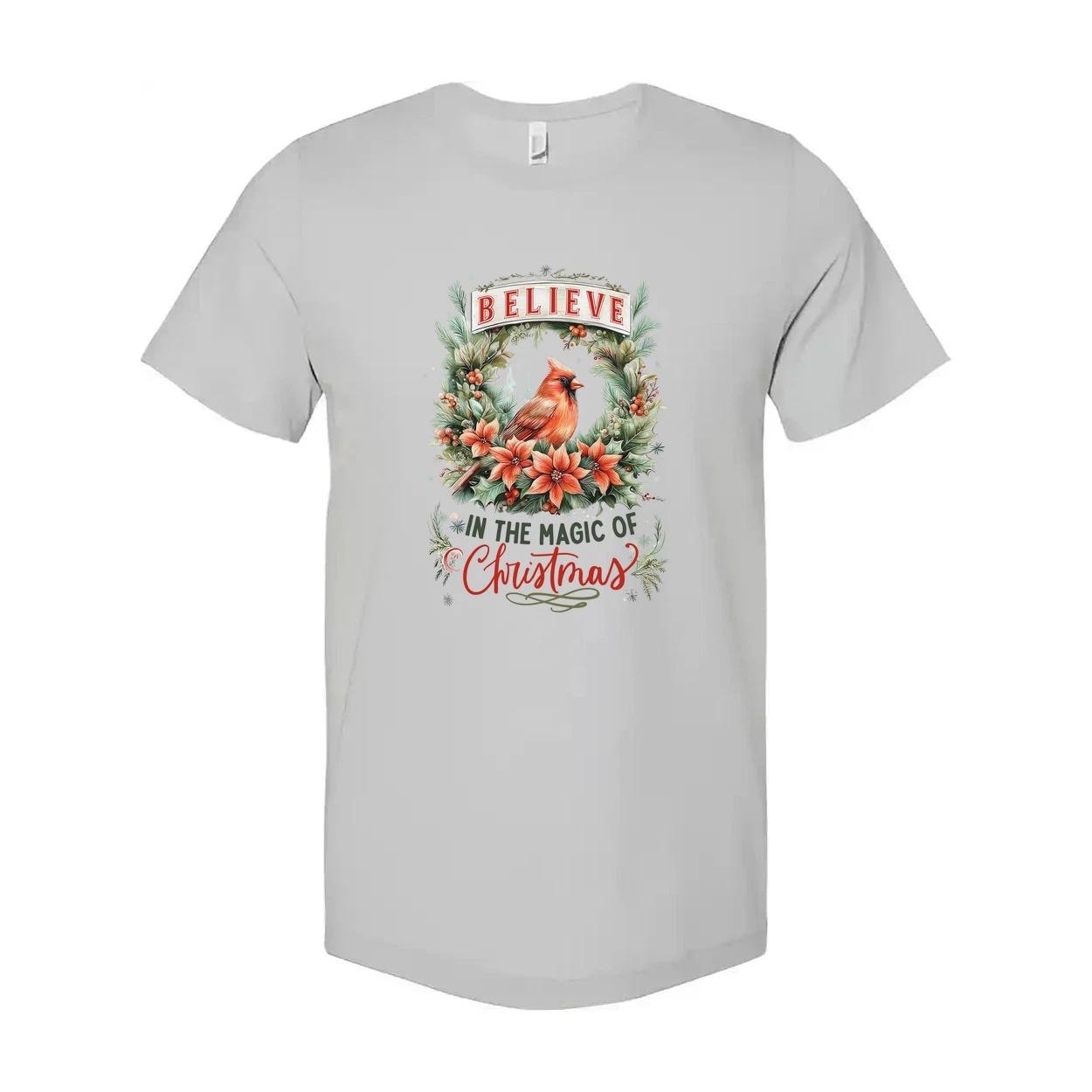 

Unisex Christmas T Shirt With Cardinal And Floral Wreath Believe In The Magic Of 2XL
