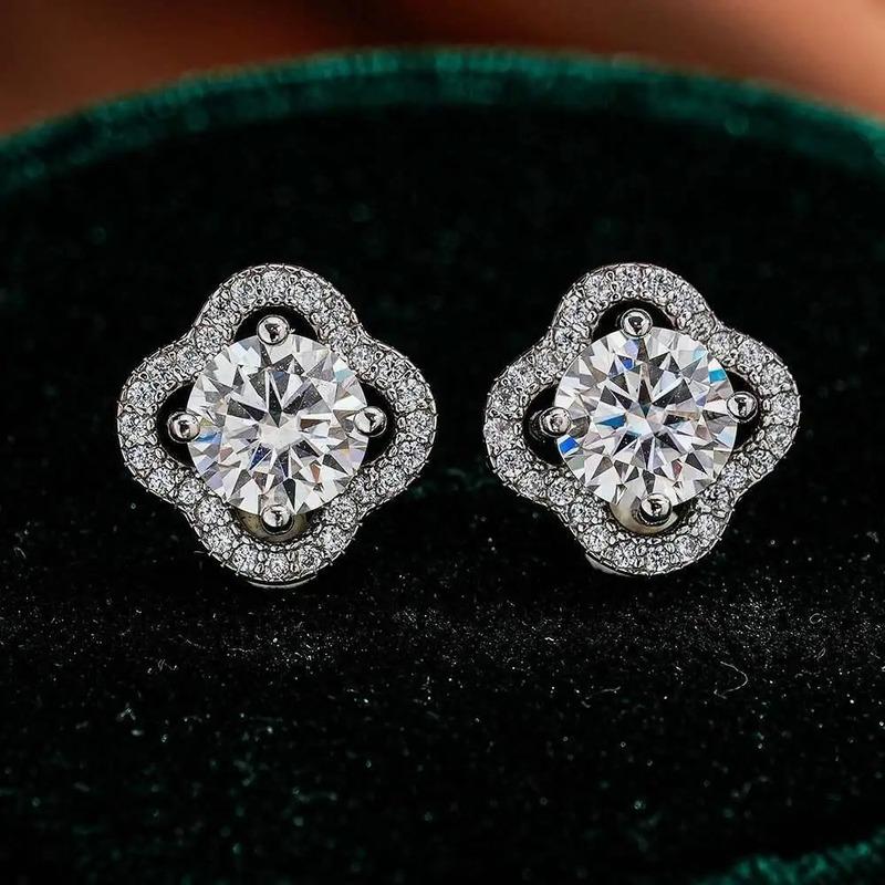 925 Sterling Silver D Color Moissanite Stud Earrings for Women Flower Four-leaf Clover Style 1CT Wedding Fine Jewelry Gifts
