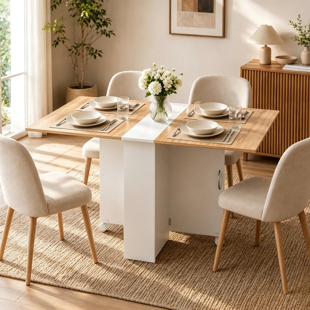 Folding Dining Table, Drop Leaf Table with 2-Tier Shelves, Rolling Casters, White and Natural