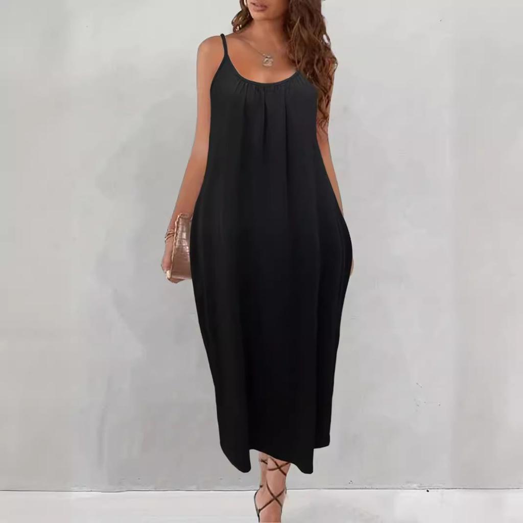 Women's Solid Color Low-cut V-neck Loose Laxy Style Sling Dress, Slimming Spring Summer Casual Dress for Foreign Trade