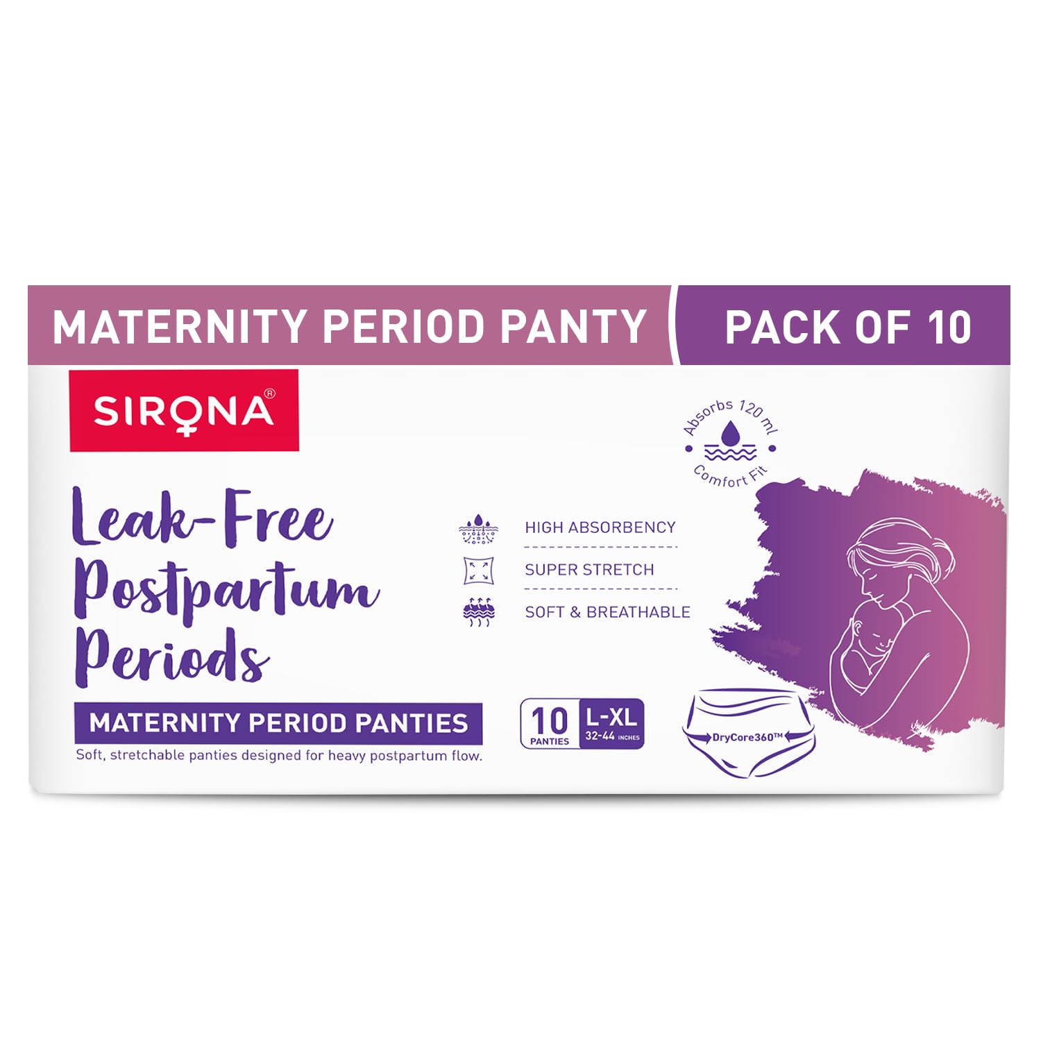 

Sirona Maternity Panties After Delivery for Women | L-XL (32-44 Inch)| Pack of 10 | for Pregnancy & Postpartum Bleeding & Clots | Leak Free | Hig