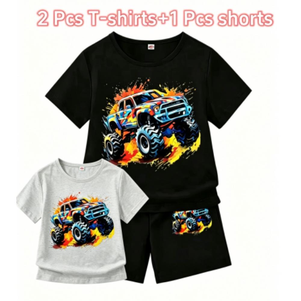 Cartoon Car Print Outdoor Street Kids T-shirt and Shorts Summer Home Casual Outfit Boy and Girl's Sports Set