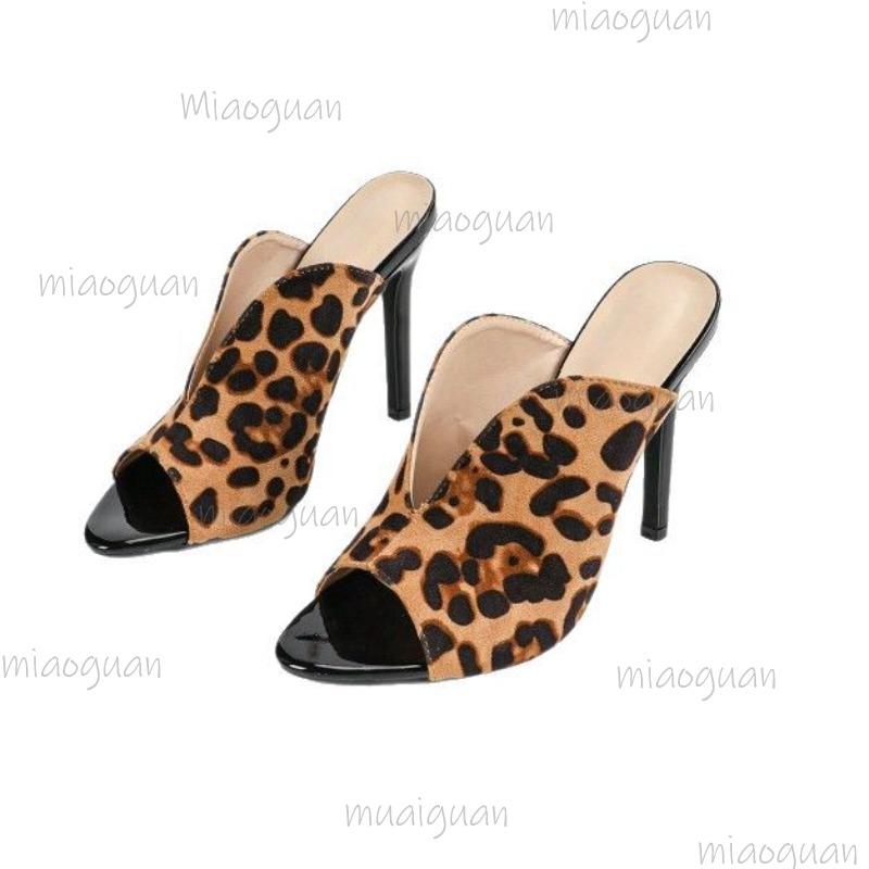 Fashion Sexy Leopard Print Women's High Heels Slippers Fashion Peep Toe Stiletto Shoes Mules Slides Summer Sandals Zapatos Mujer Size35