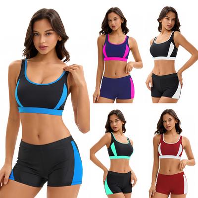 Set da bagno due pezzi da donna color-block con top con schiena scoperta e pantaloncini a vita alta – Costumi da bagno sportivi in nylon in più colori