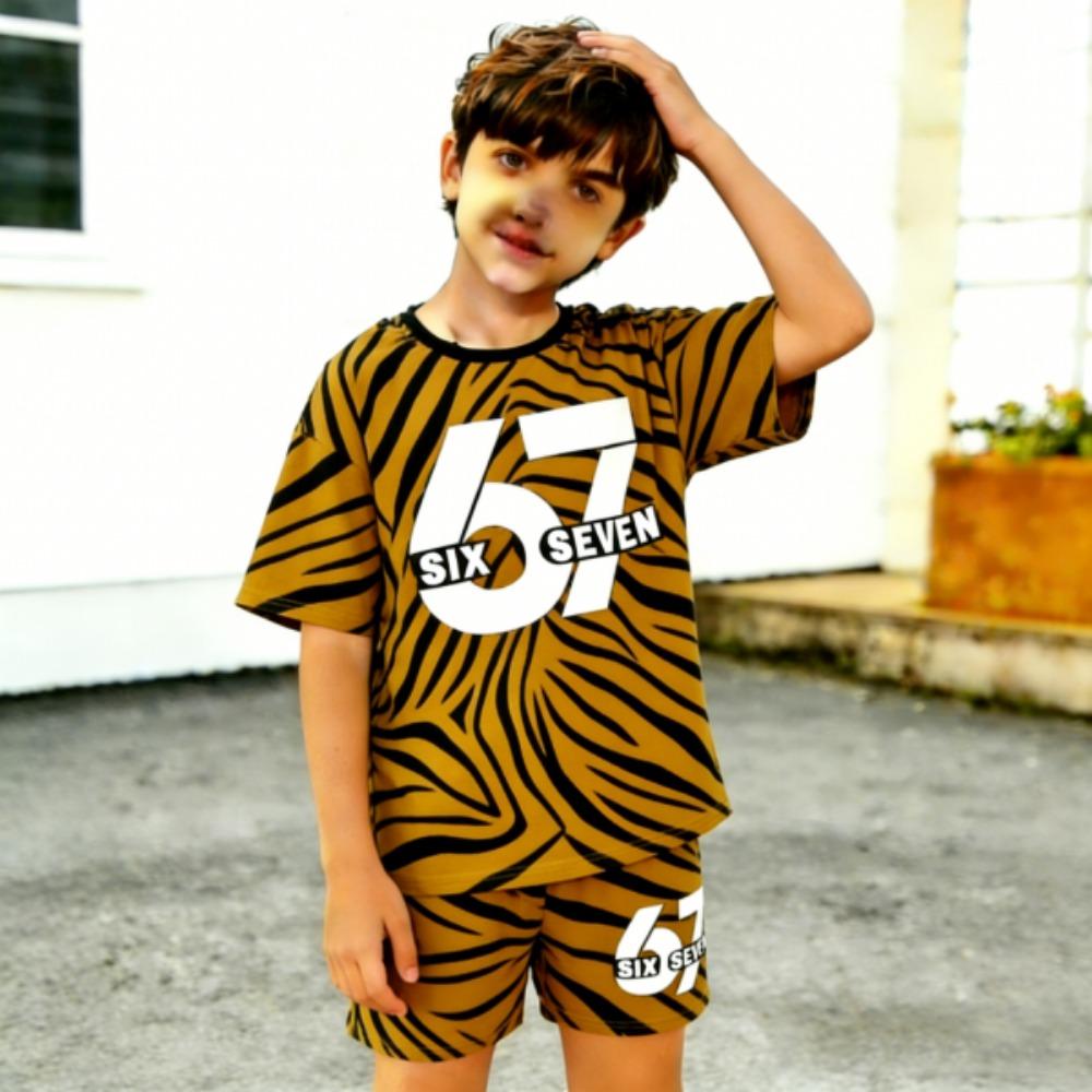 Fashion 67 Zebra Stripes Colored Printed Men's T-shirt and Shorts 2 Piece Set Summer Casual Outfit for Men's and Women's Clothing Top