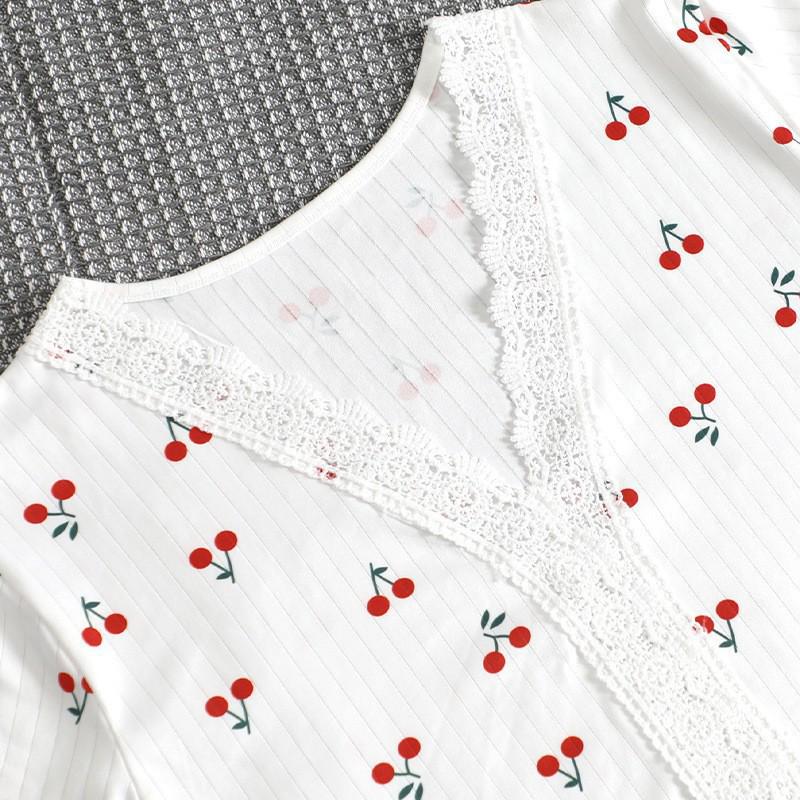 Cherry Blossom Lace V-Neck Pajama Set for Women - Autumn Collection