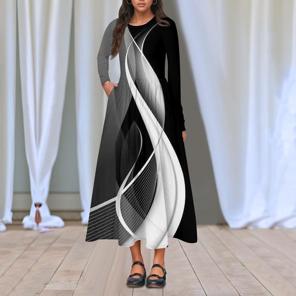Women's Casual Fashion Long Sleeve Stripe Printed Vintage Long Dresses Fall