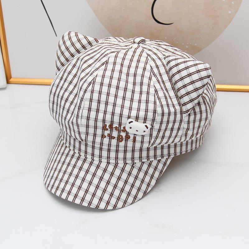 Sweet Plaid Cute Cat Ears Star Anise Hat Female Cap Spring and Autumn New Sweet Face Little Painter Hat Tide