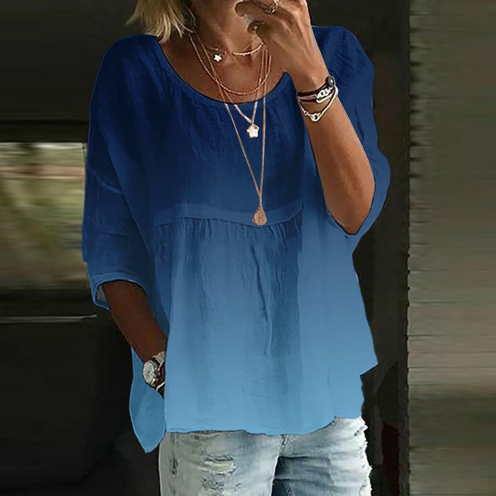 

Linen Shirts For Women 3/4 Sleeve Button Down O Neck Summer Tops Dressy Casual Cute Shirts M