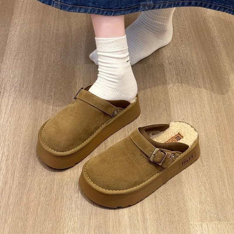 Fashion Fashion Women Fur Slippers 2025 Winter Cotton Shoes Thick Sole Home Warm Toe Cap Semi Slipper Shoes Indoor Slingback Boots Plush