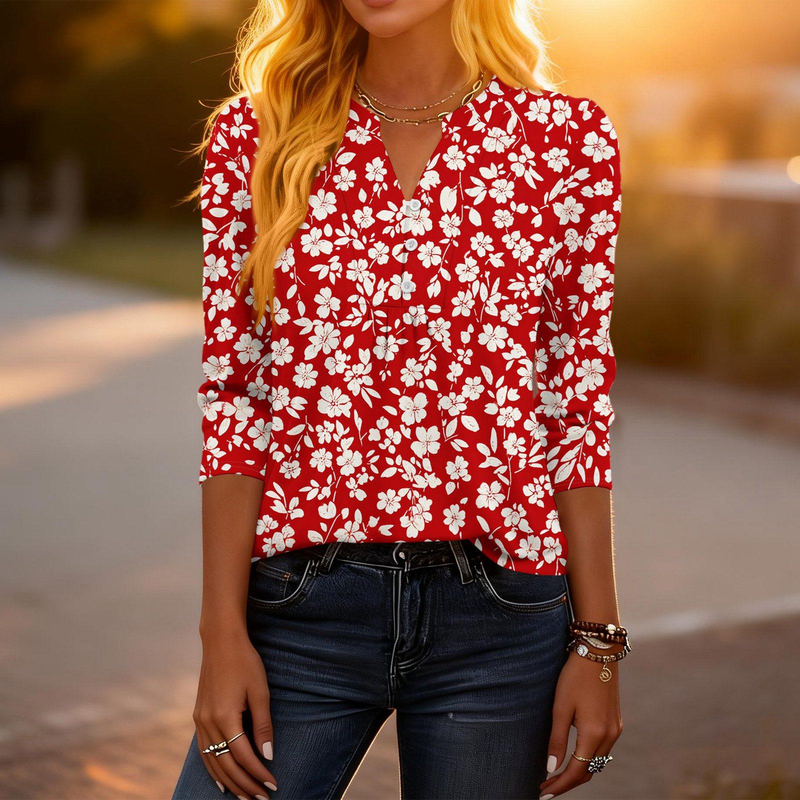 

Жіноча модна повсякденна ретро квіткова футболка з V-подібним вирізом, декоративними ґудзиками, рукавом три чверті, топ XXL червоний