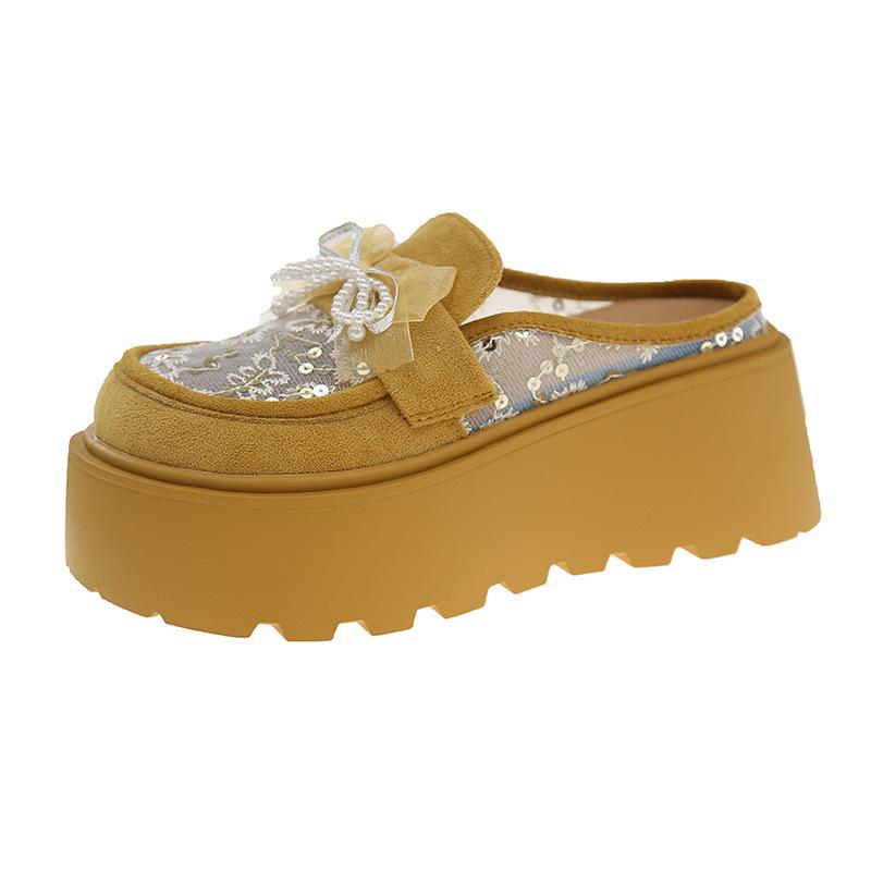 Temperament celebrity half slippers mesh yarn breathable bag head drag summer new wear Mary Jane shoes platform heightening sandals
