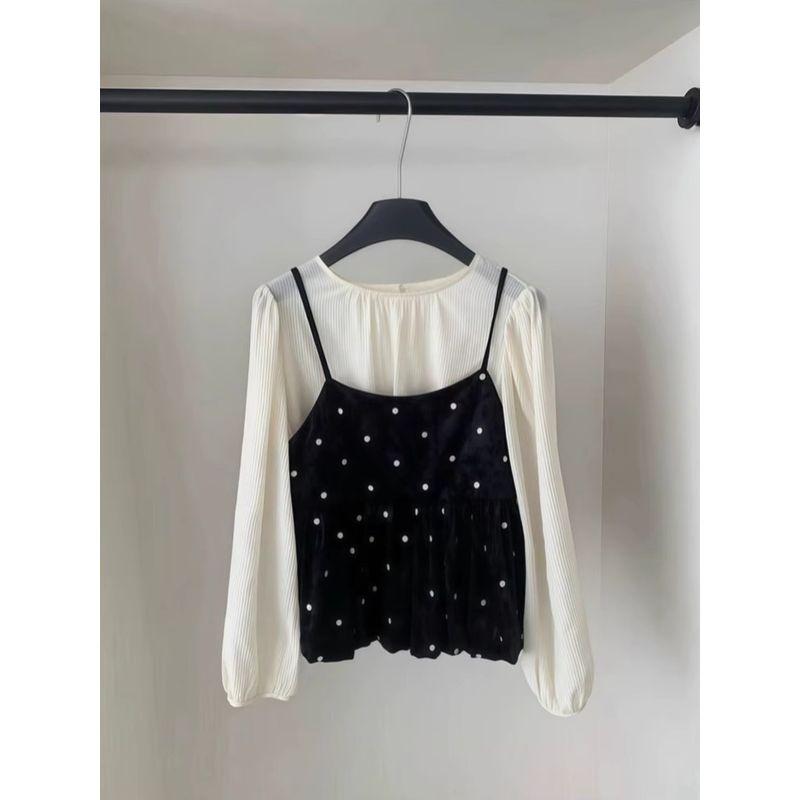 Kumikumi Sweet Set French Style Polka Dot Brace Vest Women's Autumn Loose round Neck Long Sleeves Shirt Two-piece Set