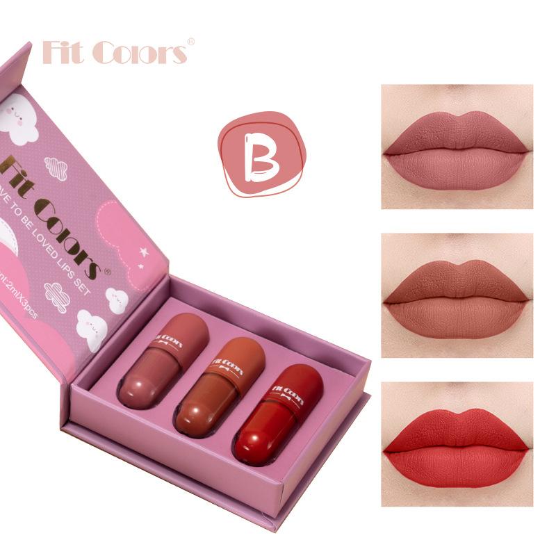 Fit Colors 3 Color Capsule Lip Cake Box Misty Flush Without Sticking Cup Lipstine Set