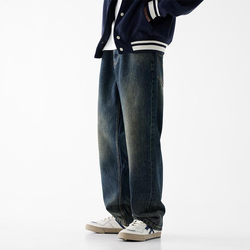 New Washed Blue Non-elastic Jeans Men's Fashion Trendy Brand American High Street Casual Pants Men's Wide-leg Pants Trousers