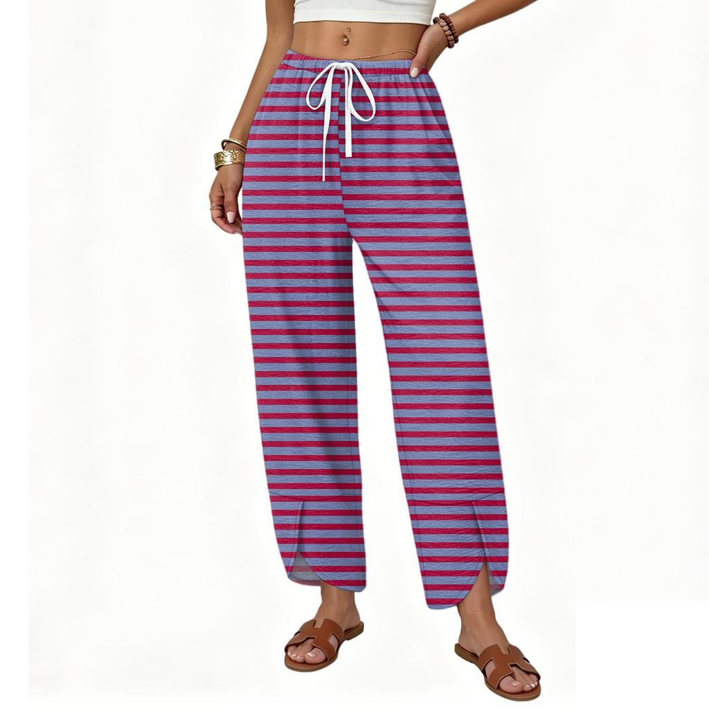 Women Casual Straight Leg Loose Fit Wide Leg Pants Button Detail Printed Pattern Drawstring Waistband Trousers