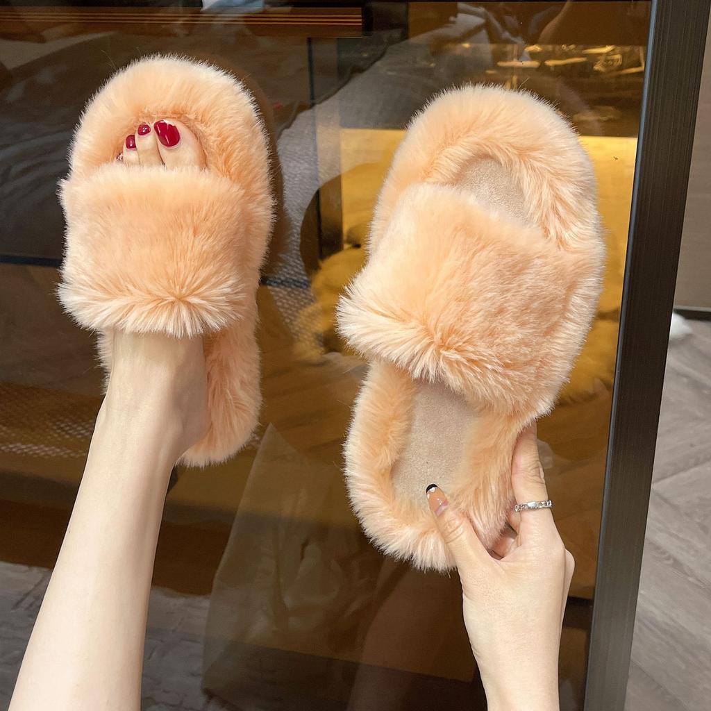 Mao Mao slippers women's outer wear 2025 new Korean version of rabbit fur shoes autumn and winter household one-word flat-bottomed home cotton slip
