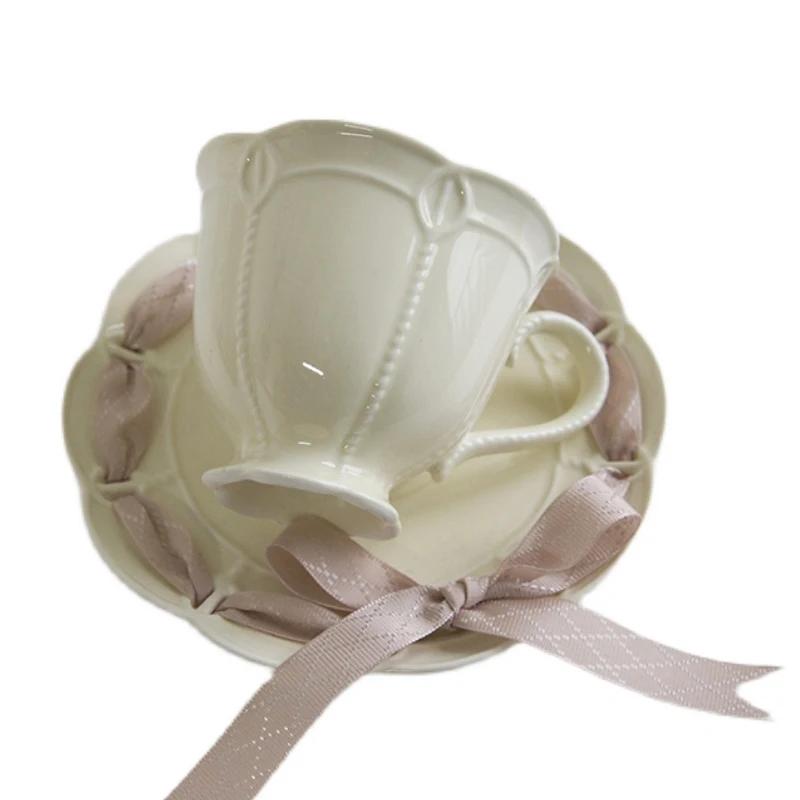 New Bone China Teacup and Saucer Set Ceramic 250ml Tea Coffee Cup with Colorful Ribbon for Wedding and Party Coffee Mug
