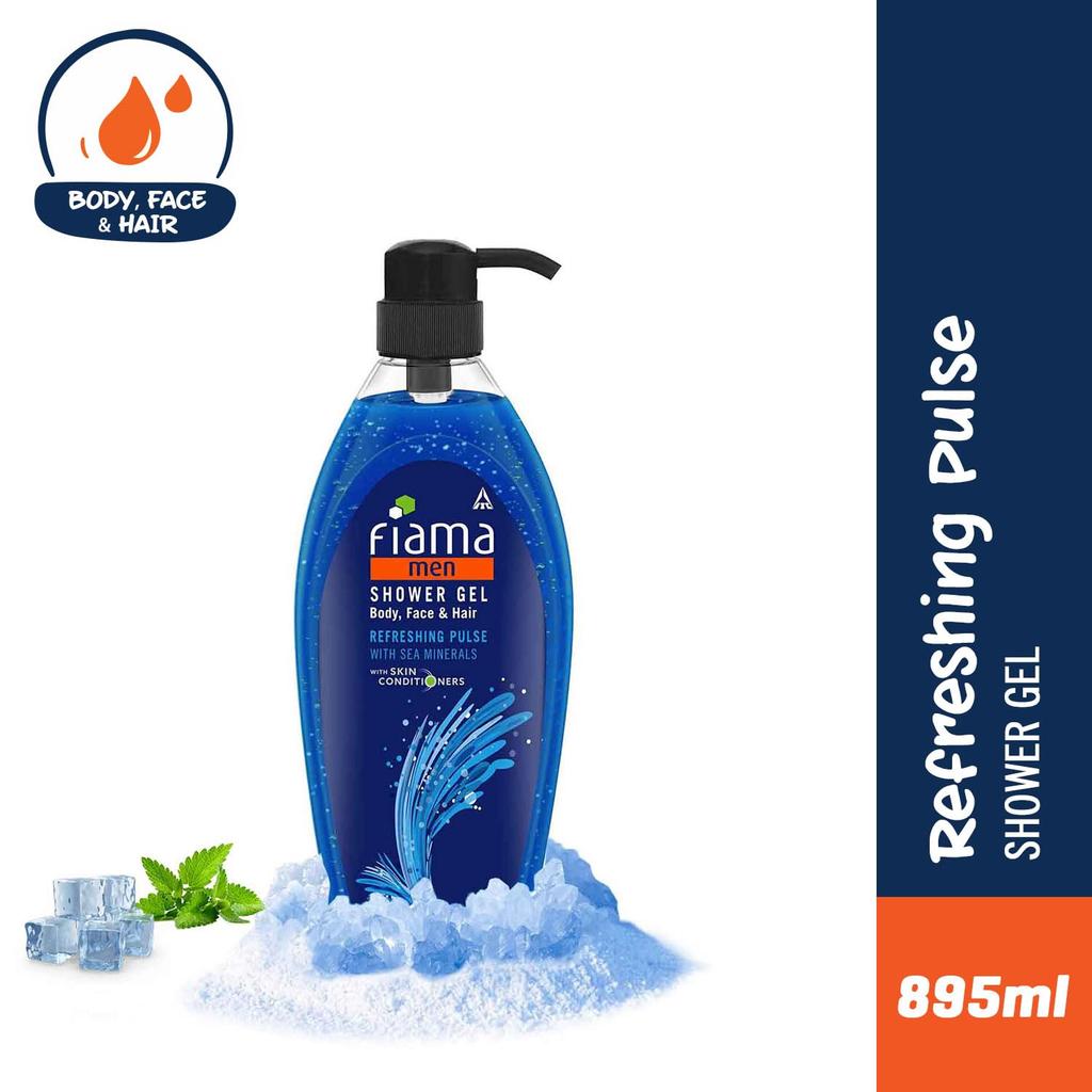 Fiama Men Shower Gel Refreshing Pulse 895ml Hydrating Body Wash Face Wash Shampoo for Smooth Skin