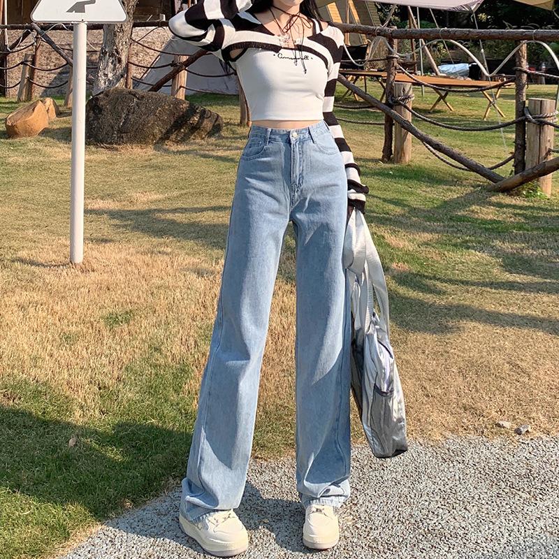 Narrow Version Wide-leg Jeans Women's Autumn Thin Light-colored High-waisted Straight Loose and Thin Small Floor Pants