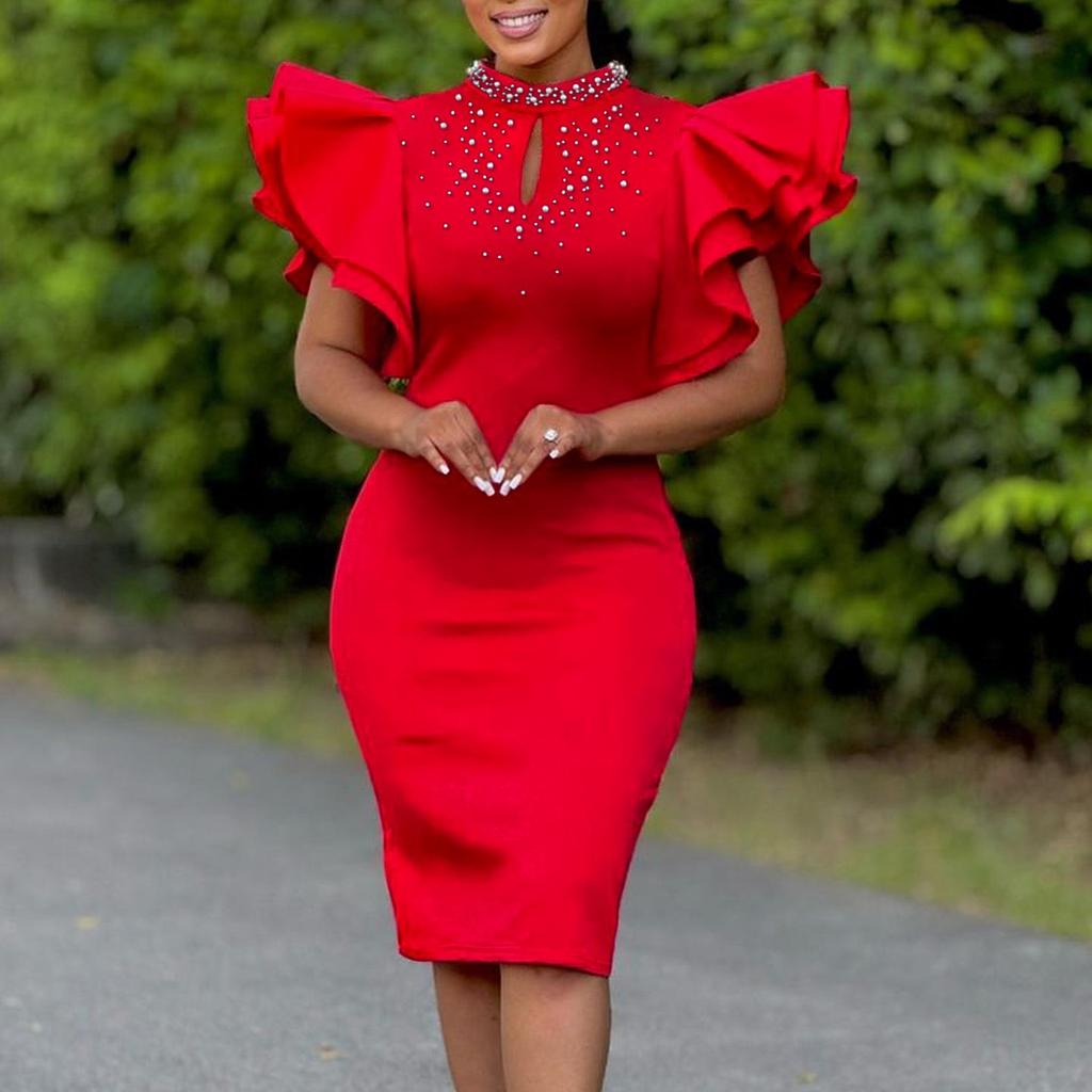 D560 Women's Sexy Beaded Lotus Sleeve Party Dress - 2025 Fashion African Style