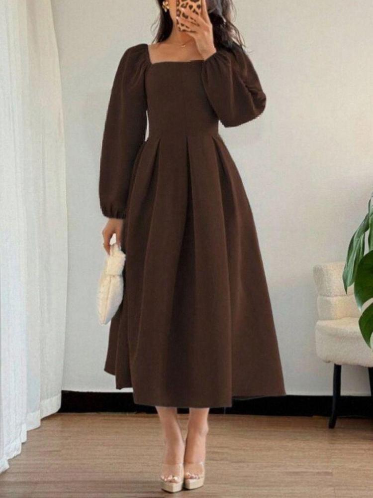

Women Floral Print Square Neck Puff Sleeve Maxi Dress with Pleated Skirt XXL темно-коричневого кольору