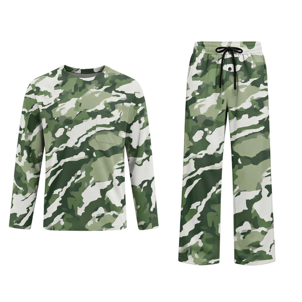 Men's Long Sleeve Pajama Set with Button Crotch and Elastic Drawstring Waist Pants for Home Loungewear