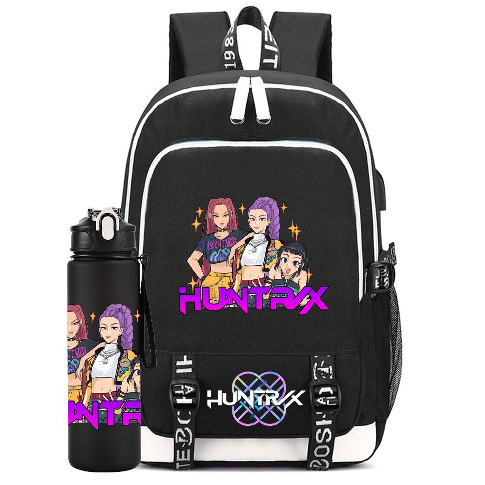 2Pcs/set Anime K-Pop Demon Hunters Printed Backpack Large Capacity Bookbag with 750Ml Water Bottler Laptop Student Boy Girl Large Capacity Bookbag