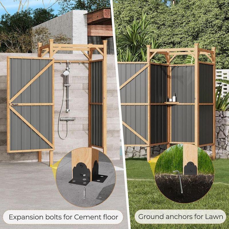 Secure Outdoor Shower Enclosure with Metal Panels, Hooks, and Shelves - Ideal for Pool and Beach Rinsing, Compact Design