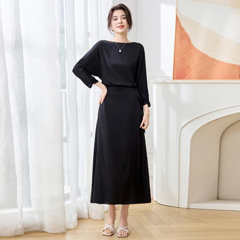 

Платье из шелка с воротником-лодочкой, двухслойное, с эффектом двойки, эластичное платье из двойного шелка джо, красная длинная юбка из тутового шелка 2XL чёрный