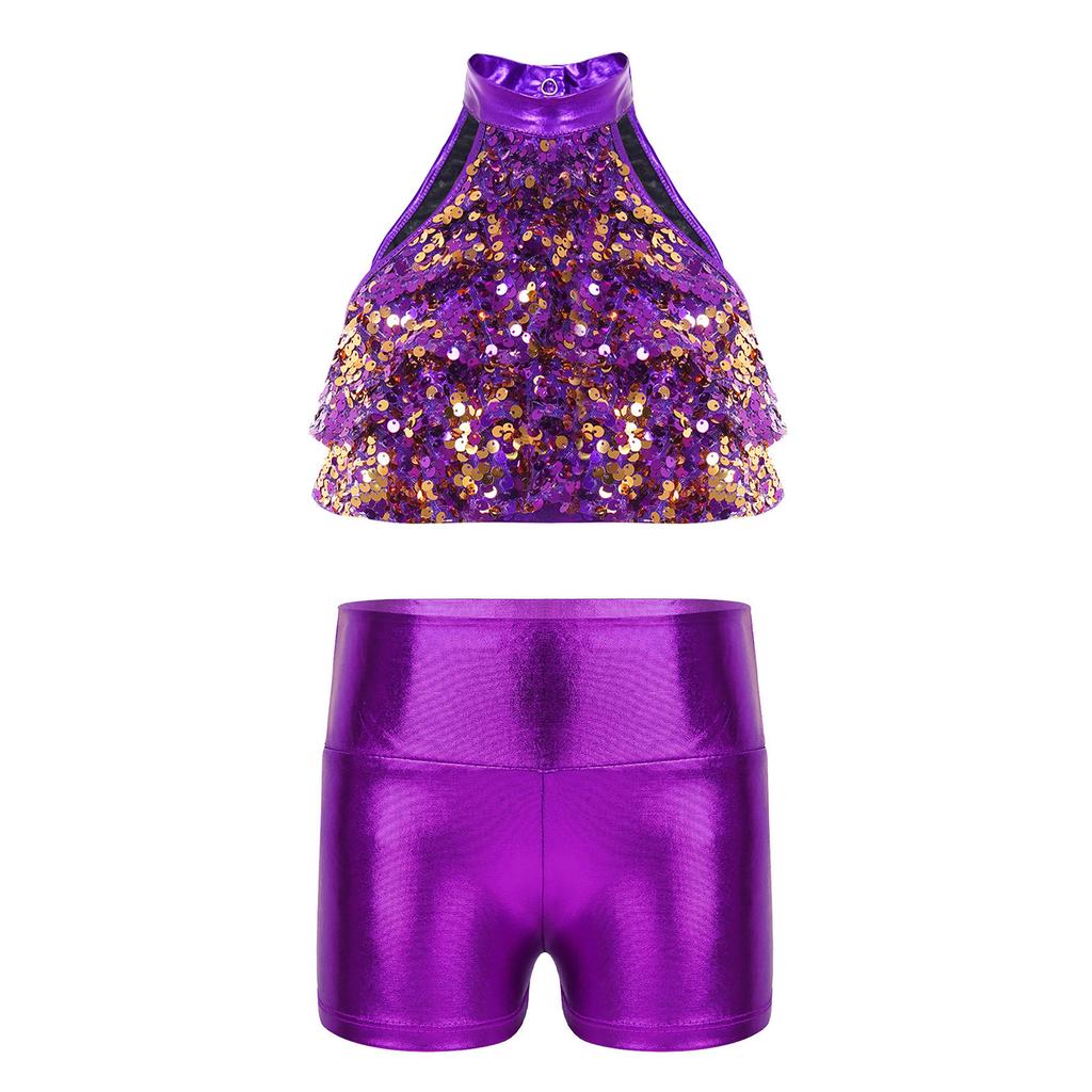 Top Corto da Bambina con Collo Alto Senza Maniche e Paillettes Pantaloncini Stratificati Lucidi Metallici Outfit per Danza sul Palco