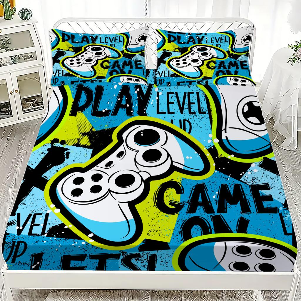 3D Game Controller Fitted Sheet Set For Boys' Bedroom Decor Queen Size King Size Skin Friendly Washed Cotton Fitted Sheet
