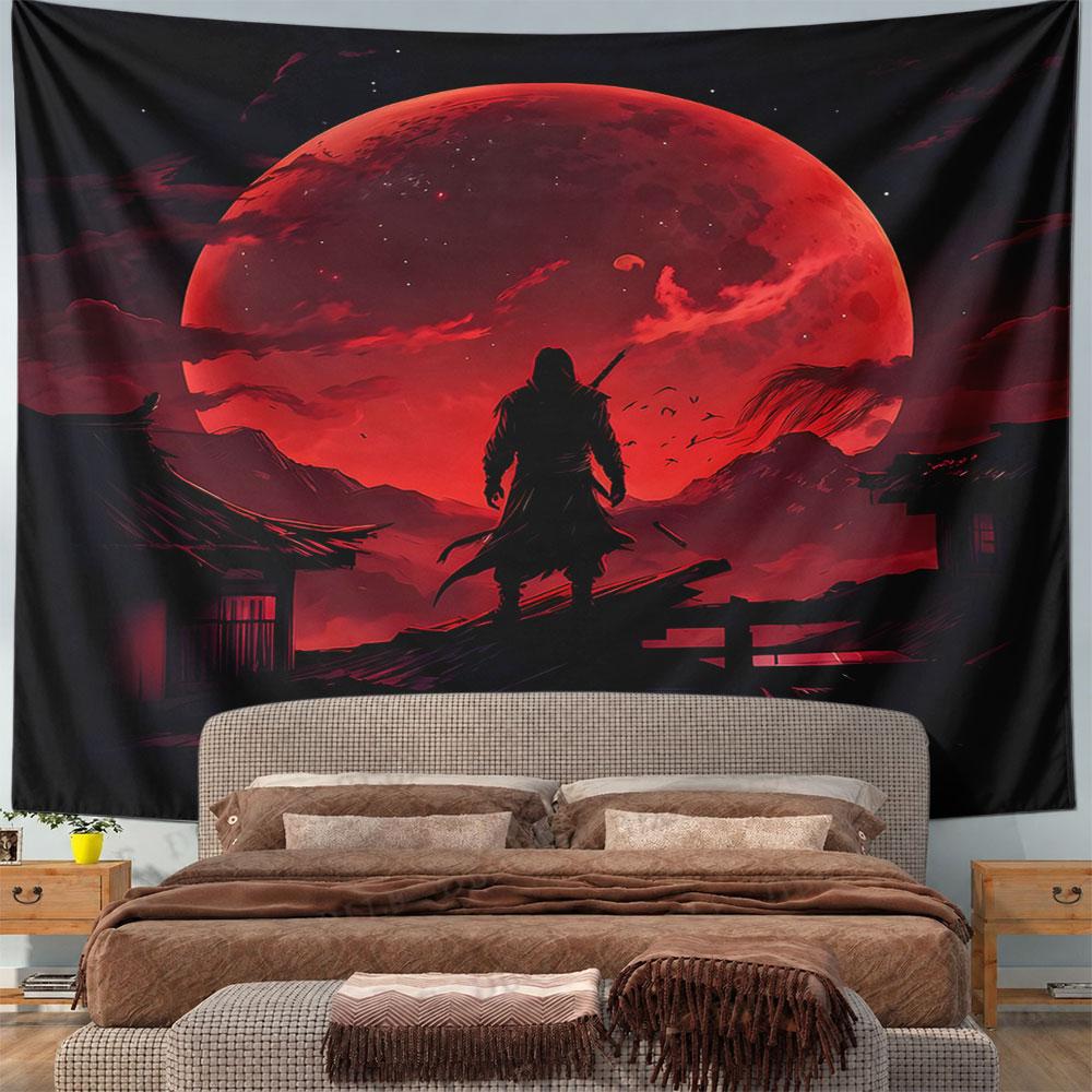 Samurai Silhouette Under Red Moon Pattern Wall Hanging Tapestry Decorative Tapestry Home Decor for Bedroom and Living Room