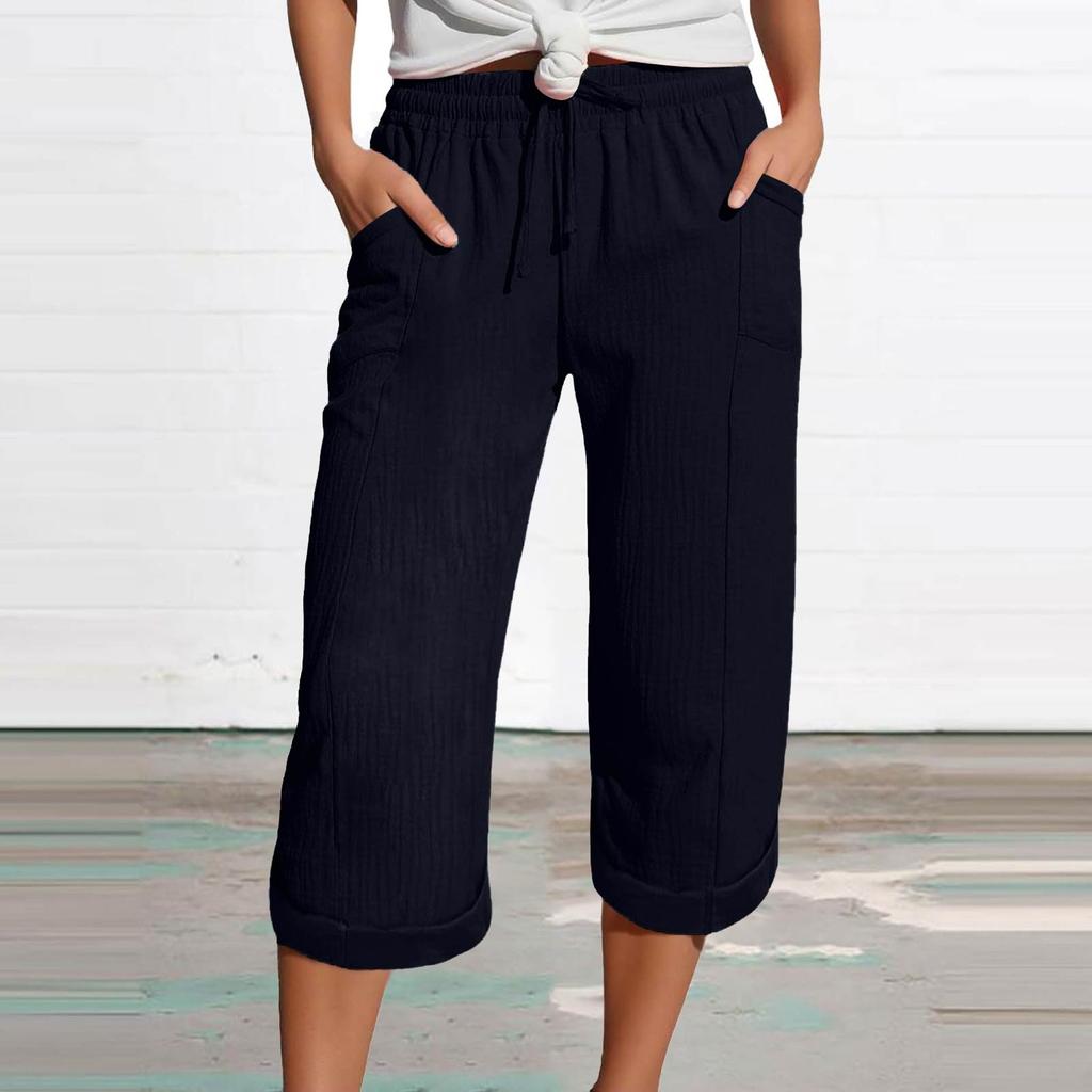 Women's Summer 3/4 Trousers  Summer Trousers With Pockets Causal Loose Trousers Fabric Trousers Sport Leisure Beach Trousers