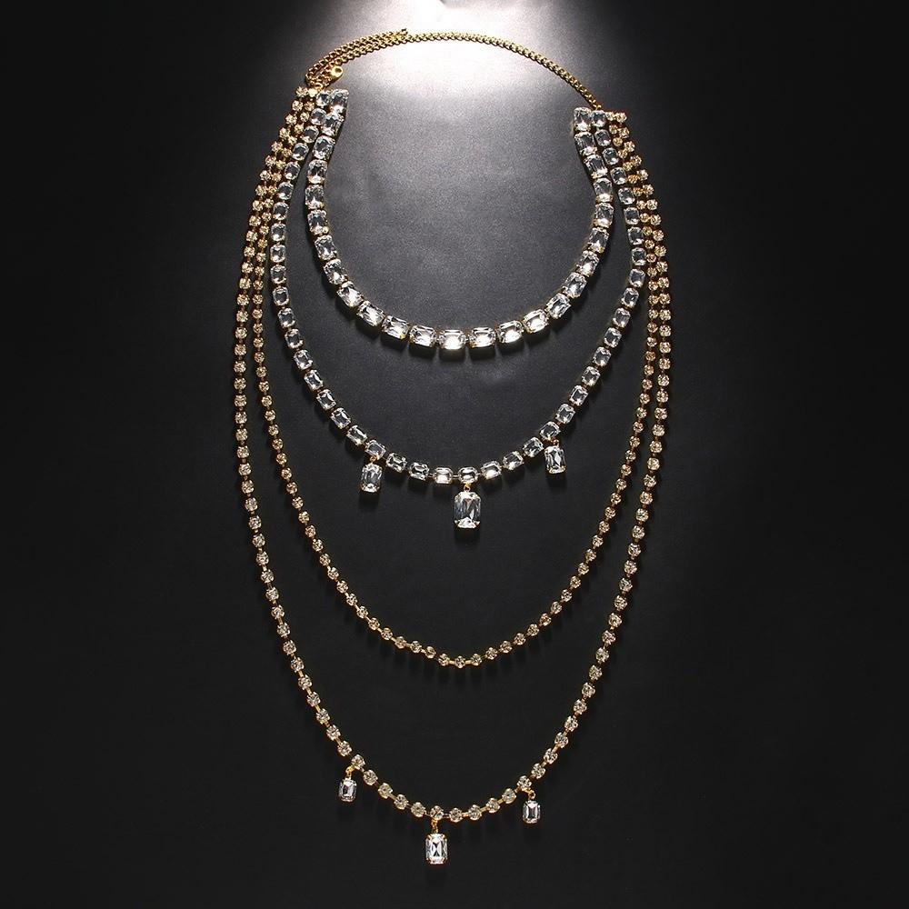 Tassels Shoulder Chain Necklace Big Square Pendant Shine Rhinestone Necklace Wedding