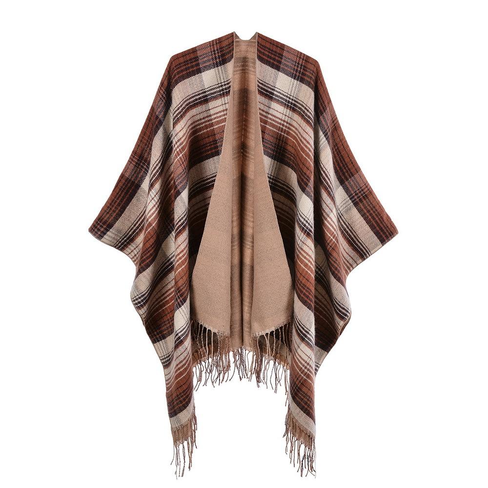 Scottish Classic Plaid Tassel Thick Warm Split Shawl Cape