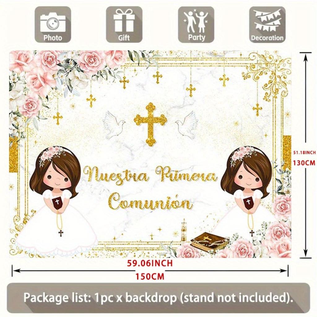2D flat design 1 piece. Background for the first communion of a Spanish girl. Suitable for baptism and photo booth props.