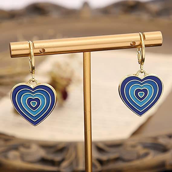 1 Pair Cute Gradient Color Heart-shaped Hoop Earring- Vintage Colorful Enamel Love Heart Dangle Drop Earring for Women Girl Teen 14K Gold Plated
