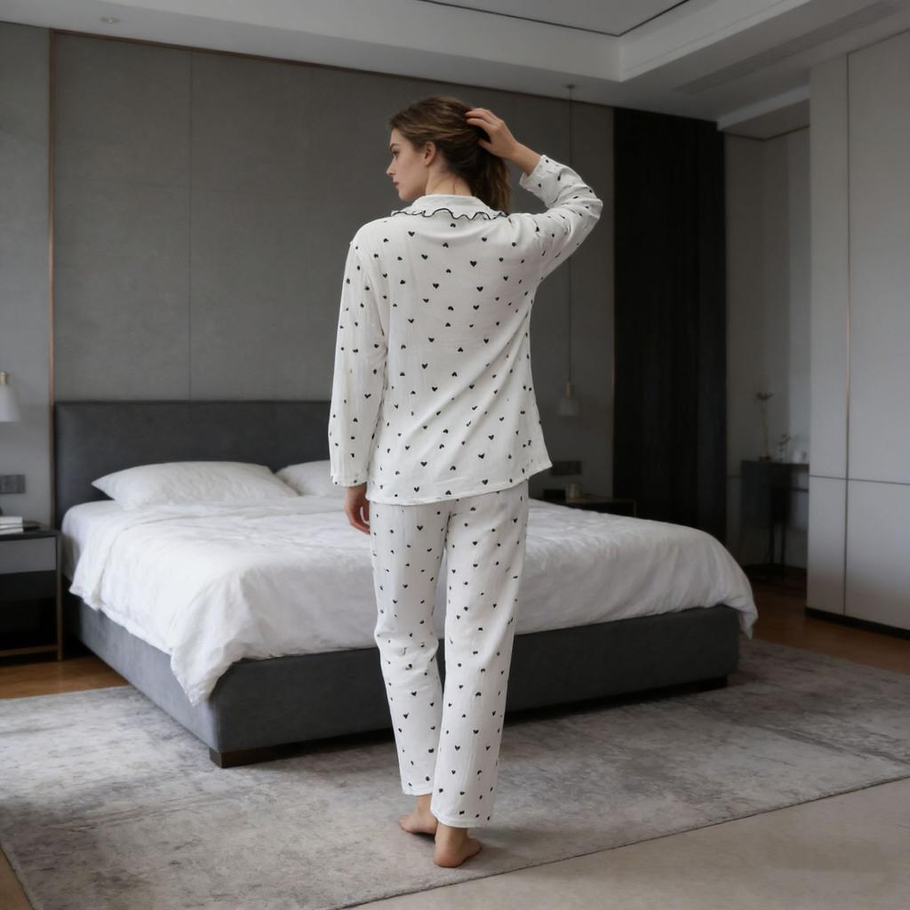 Spring and Autumn Love Heart Printed Sweet Sleepwear Women's Frill Set Loose and Can Be Worn Outdoors Homewear