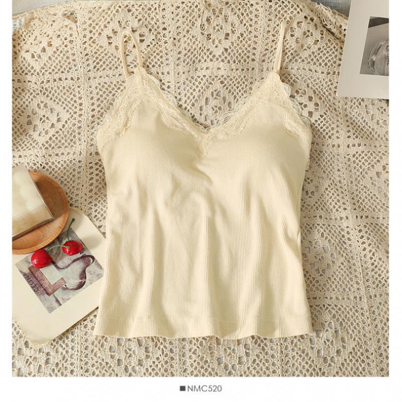 New Lace Back Strappy Tank Top with Fixed Cup and Chest Pads