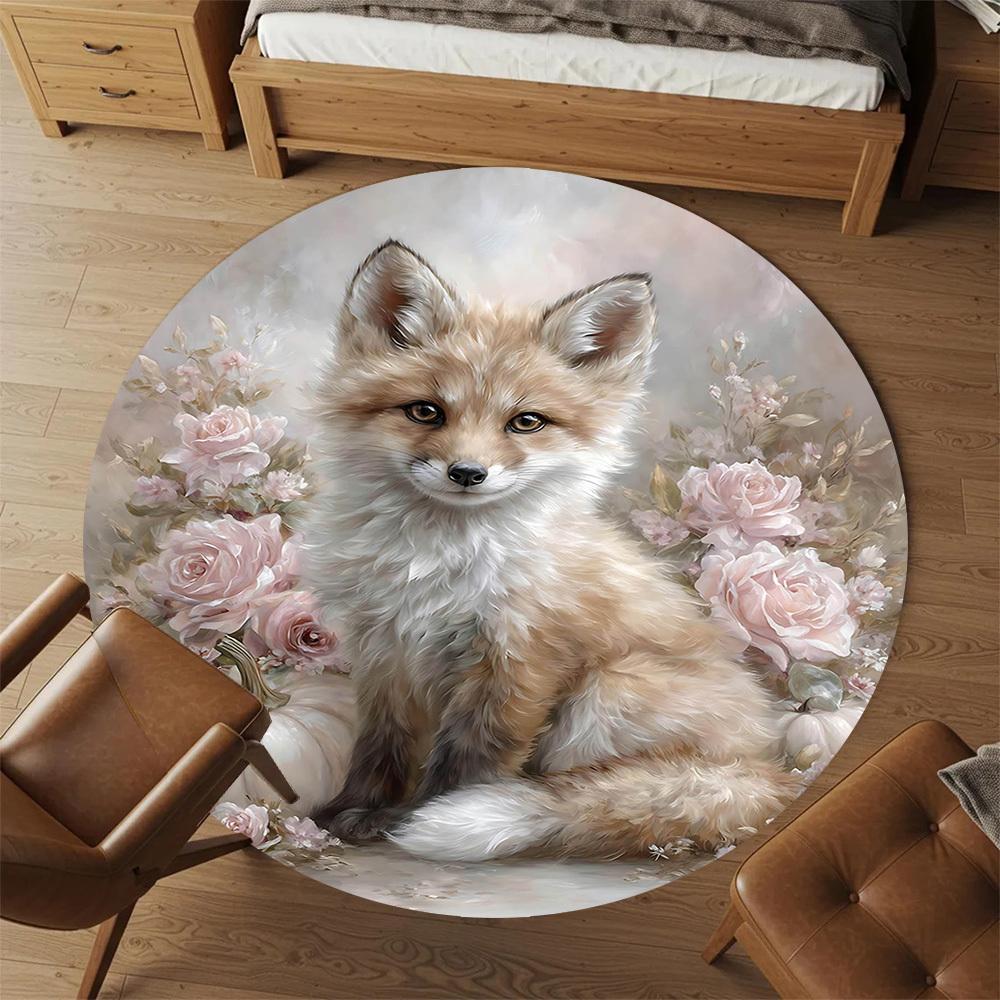 1pc Fox Flowers Round Chair Mat Area Rug - Non-Slip, Floor Mat for Office, Bedroom, and Indoor Decor-1002323