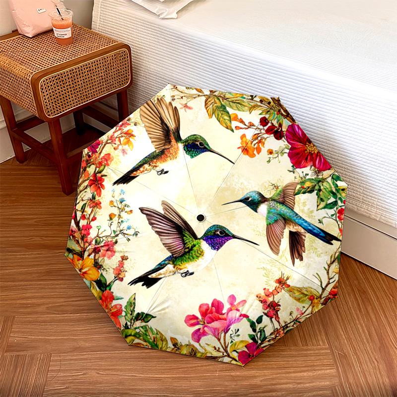 1 PC Automatic Folding Umbrella - Hummingbirds Floral Pattern, Portable & Foldable Design with 8 Ribs, Christmas Birthday Gifts