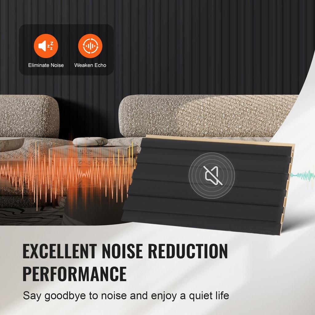Wood Slat Acoustic Panels 8 PCS 96 X 6 Inch for Modern Wall Matte Black