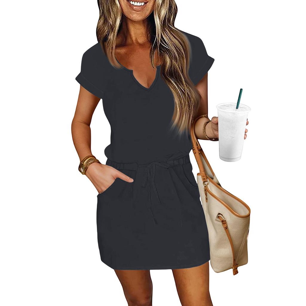 Abiti casual da donna estivi con scollo a V, maniche corte, coulisse con tasca, tinta unita