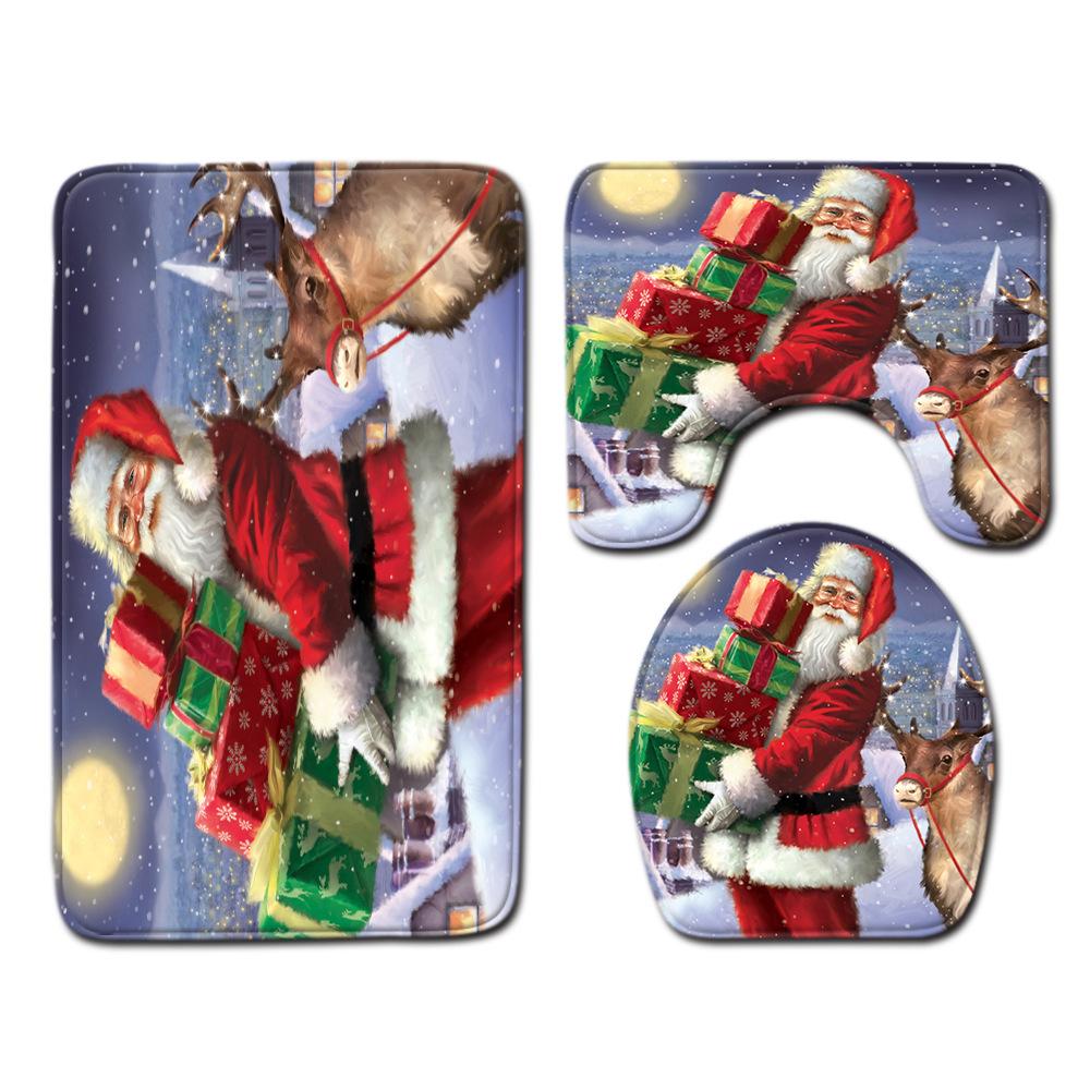 Christmas Shower Curtain Floor Mat Combination Four-Piece Set Bathroom Toilet Carpet Shower Room Mat Foot Mat