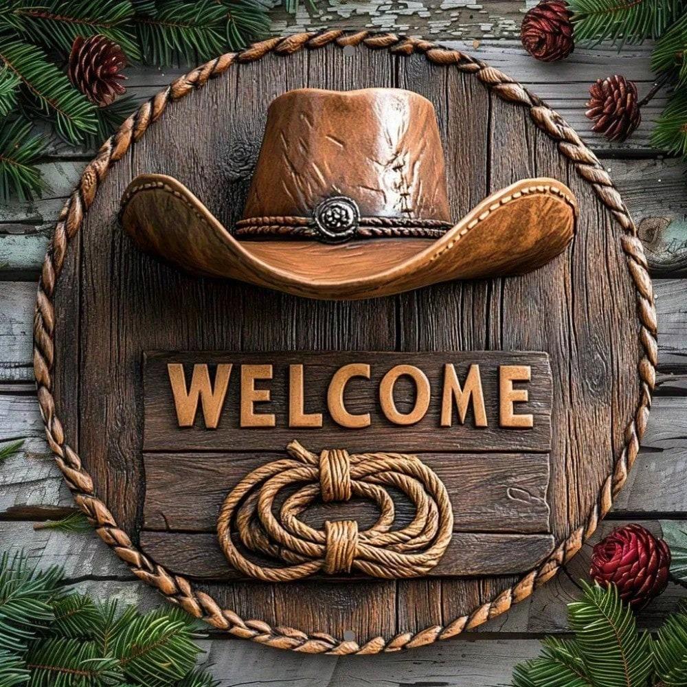 Rustic Welcome Sign Cowboy Hat Rope Western Wall Art Decor 8x8 Inch Western Theme Gift for Home Bar Office