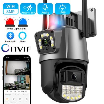 EU Plug 4K 8MP HD Wifi PTZ Camera Dual-Lens Dual Screen Outdoor Camera AI Auto Tracking 4MP Video Surveillance Police Light Alarm iCSee