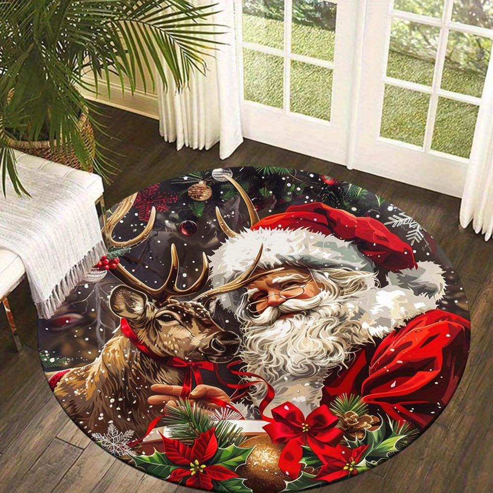 Elk Santa Claus Design Round Rug Non Slip Washable Mat For Living Room Bedroom Dining Entryway Christmas Home Decor